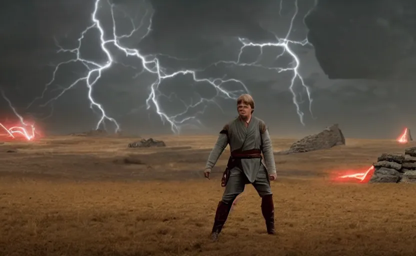 Prompt: screenshot portrait of Luke Skywalker in a lightning battlefield looking at the ghost of emporer palpatine, with scattered ruins of a fiery jedi rock temple, iconic scene from 1970s film by Stanley Kubrick, last jedi, 4k HD, cinematic lighting, beautiful portrait of Mark Hammill, moody scene, stunning cinematography, mcu effects, anamorphic lenses, kodak color film stock