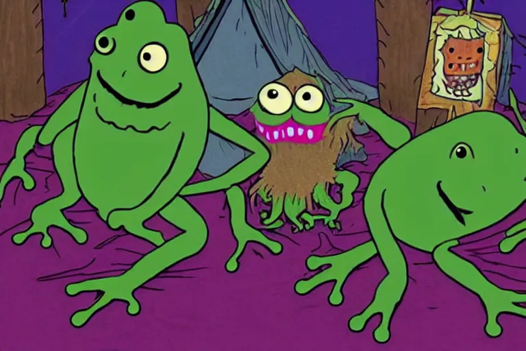 Image similar to a full color still frame from a freaky kids tv show about a gross hairy frog and a sad dumb ghost, tickle fight in the death tent, horror vibe, grunge, despair