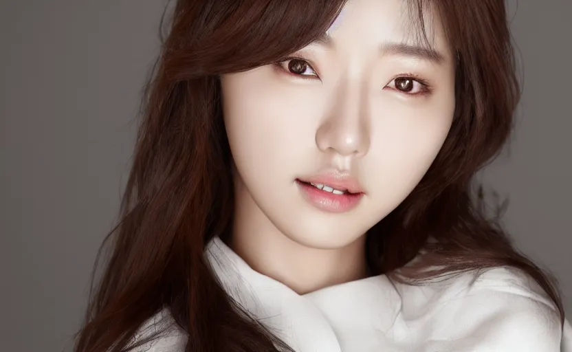 Image similar to Park shin hye, beautiful south korean woman, female model, female actress from korea, soft smile, soft bright skin, brown hair, deep brown eyes, popular south korean makeup, soft makeup, studio lighting, solid white background, depth of field, hyperrealistic, 8k, artstation