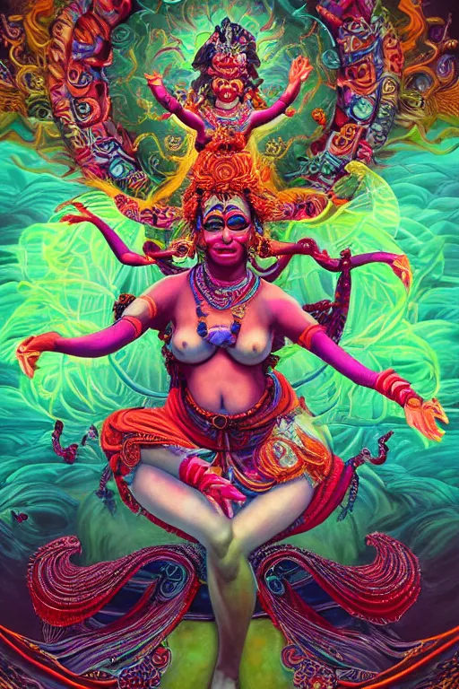 Image similar to overdetailed maximalist fullbody portrait of a beautiful female energy being reminds to kali, having four arms and dancing while transcending to her true form while floating over a surreal landscape. Made by oozium, inspired by silvio vieira, overpainted by loish. 8k 3d realistic render. Bright, sacred, spiritual, dawn, backlit, calm, relaxed, dynamic, ethereal, arcane, intricate, mysterious, dramatic, cinematic. Seen from below. Overpaint in Indian tapestry style