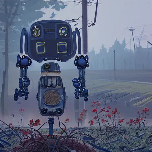 Prompt: A robot planting human heads, art by Simon Stalenhag, 4k