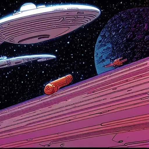 Image similar to the crew of the enterprise - d on the style of jean giraud moebius