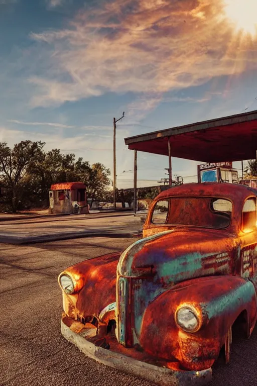 Image similar to a sunset light landscape with historical route 6 6, lots of sparkling details and sun ray ’ s, blinding backlight, smoke, volumetric lighting, colorful, octane, 3 5 mm, abandoned gas station, old rusty pickup - truck, beautiful epic colored reflections, very colorful heavenly, softlight