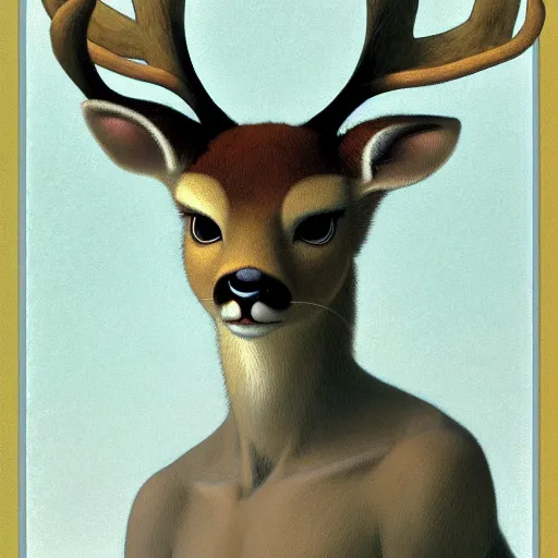 Prompt: a portrait of an anthropomorphic deer, doe, furry fursona, in the style of william adolphe bouguereau, hayao miyazaki and masamune shirow, greg hildebrandt, fur covered