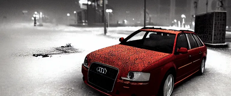 Image similar to Audi A4 B6 Avant (2002), a gritty neo-noir, dramatic lighting, cinematic, eerie person, death, homicide, homicide in the snow, viscera splattered, gunshots, bullet holes, establishing shot, extremely high detail, cracked windows, photorealistic, arson, burning car wreck, cinematic lighting, artstation, by simon stalenhag, Max Payne (PC) (2001) winter New York at night, In the style of Max Payne 1 graphic novel, flashing lights, Poets of the Fall - Late Goodbye