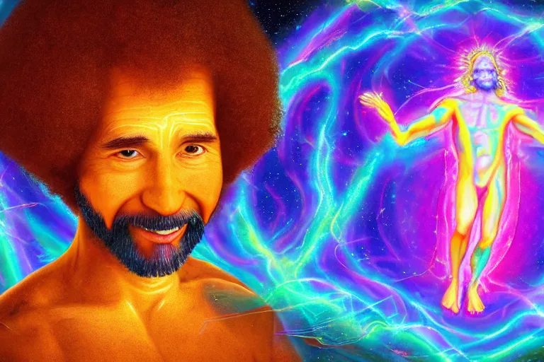 Image similar to google satellite view of a god transubstantiating into a human being, highly detailed, realistic, illustrated by bob ross and lisa frank