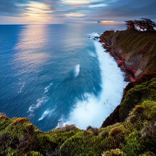 Prompt: micro - hurricane, blue hour, early night, deep blue atmosphere, very late evening, sundown, scattered islands, sea, ocean, low pressure system, cloud with eye, very windy, late evening, distant hotel retreat on cliffside, shining lights on cliff side, polaroid photograph