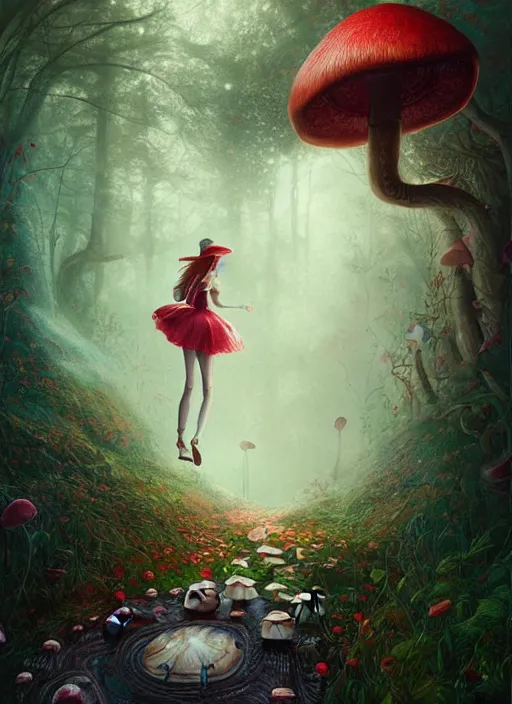 Image similar to alice in wonderland mushrooms detailed clothing, half body shot, arms down, path traced, highly detailed, high quality, digital painting, alena aenami, arnold bocklin, tom bagshaw