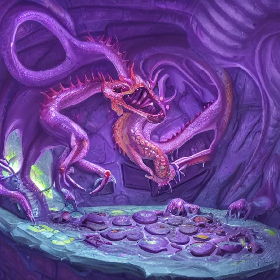 Prompt: inside a cavernous living stomach, the walls purple and pulsing, lots of acid pooling up on the floor, digesting and dissolving a small dragon, food pov, micro pov, vore, digital art, furry art, anthro art, high quality, 8k 3D realistic, macro art, micro art, Furaffinity, Deviantart, Eka's Portal, G6