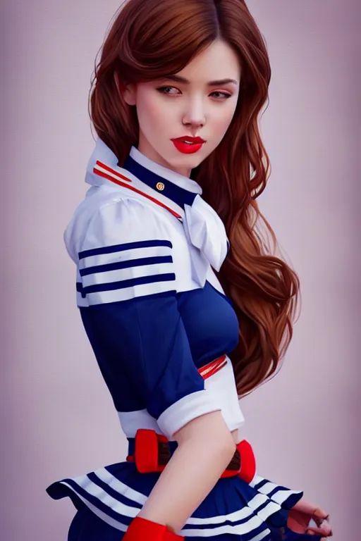 Prompt: full body photo of a gorgeous young woman wearing a sailor style outfit in the style of stefan kostic, realistic, sharp focus, 8k high definition, insanely detailed, intricate, elegant, art by stanley lau and artgerm