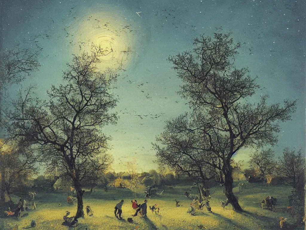 Image similar to Night with comet in the orchard. Painting by William de Nuncques