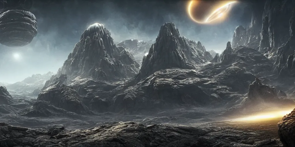 Image similar to alien environment with epic mountains and cliffs and planets in the sky by hans ruedi giger, epic lighting, cinematographic, 8 k, award winning, ultra detailed