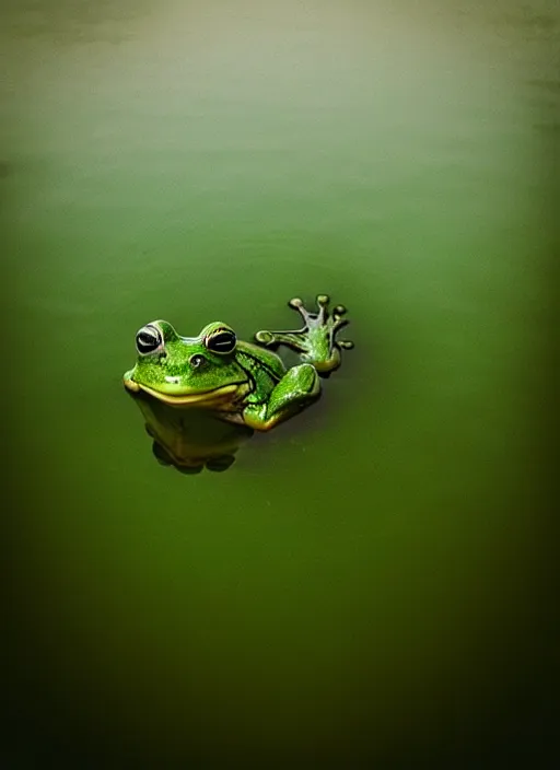 Image similar to “smiling frog vertically hovering over misty lake waters in jesus christ pose, semi translucent frog body, low angle, long cinematic shot by Andrei Tarkovsky, paranormal, eerie, mystical”