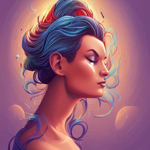 Image similar to beautiful woman using a baby liss on her own hair. digital art by Dan Mumford and Peter Mohrbacher, highly detailed, trending on ArtStationHQ