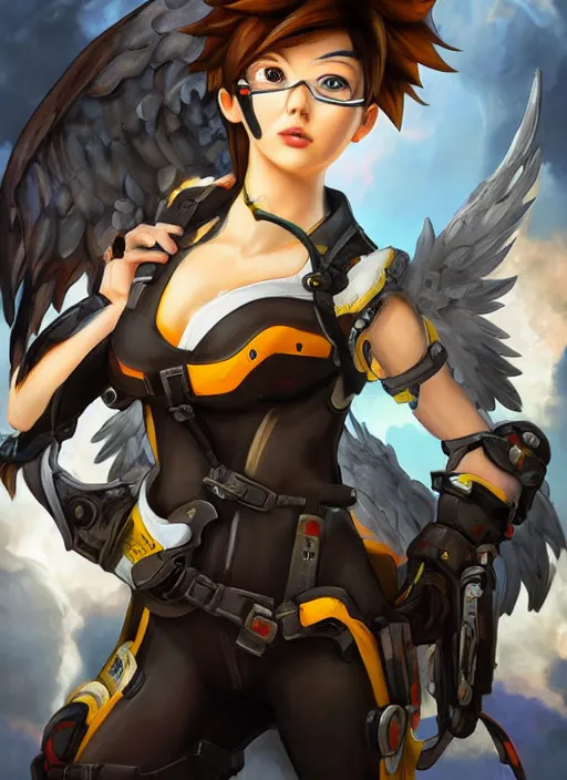 Prompt: full body oil painting of tracer overwatch in the style of sophie anderson, angel wings, black garment, dramatic painting, wearing steel collar,