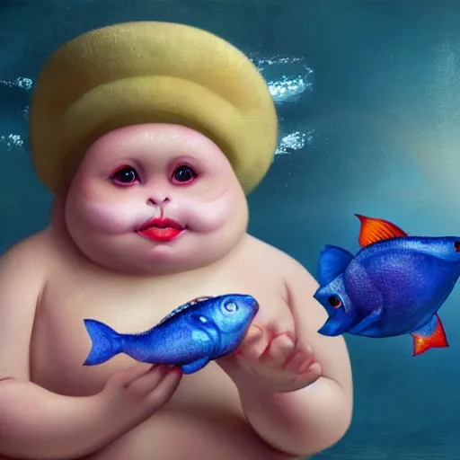 Image similar to magical scene. the sweet old very fat baby white monkey, red lips, blue eyes, is in love with her fancy beautiful colorful white fish. close up. clear face. subsurface scattering shiny skin. cinematic scene. glossy. highly detailed, color harmony, art station, ornate, caravaggio style. 3 d, beautiful lighting, old photography