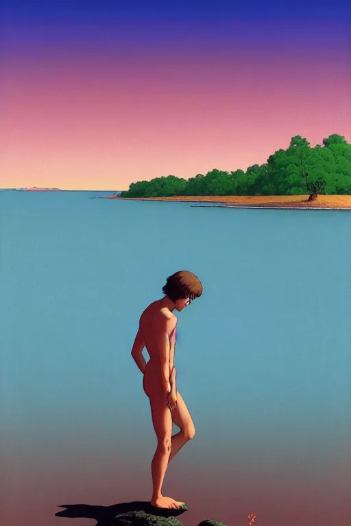 Prompt: a colorful vibrant image of a simple caucasian man with curly mid length brown hair with a calm aesthetic face and dreaming psychedelic hair, standing in a shallow river, by kawase hasui, moebius, edward hopper and james gilleard, zdzislaw beksinski, steven outram colorful flat surreal design, hd, 8 k, art station