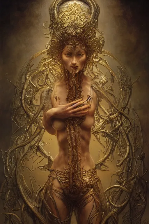 Prompt: breathtaking detailed painting of a god of flesh and bones, intricate art nouveau metal strokes, golden meat parts, rembrandt style, elegant, highly detailed, artstation, concept art, matte, sharp focus, art by luis royo and tom bagshaw, and greg rutkowski