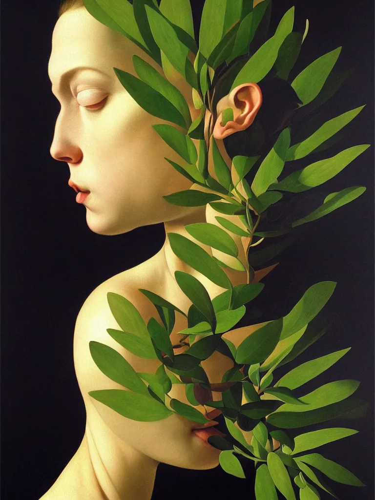 Image similar to hyperrealistic still life portrait woman's face in profile, beautiful plants, sacred geometry, light refracting through prisms in a tesseract, by caravaggio, botanical print, surrealism, vivid colors, serene, golden ratio, rule of thirds, negative space, minimalist composition, by rene magritte and greg rutkowski