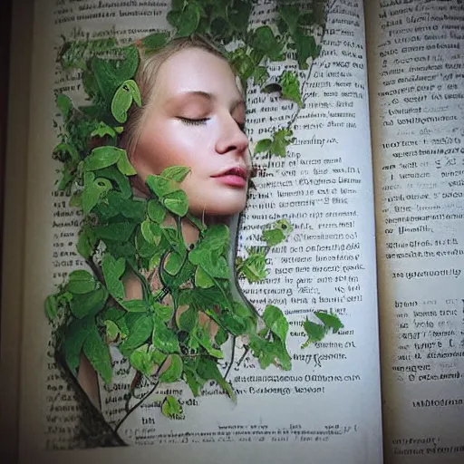 Image similar to “ very photorealistic photo of vines growing out of a woman ’ s book as she sleeps, award - winning details ”