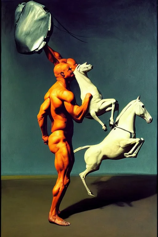 Prompt: astronaut bodybuilder carries a horse in his hands, hauntingly surreal, highly detailed painting by francis bacon, edward hopper, adrian ghenie, gerhard richter, and james jean soft light 4 k,