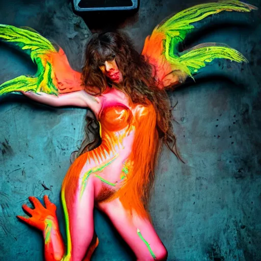 Prompt: cute Griffin, professional fluorescent body paint, full body portrait, portrait photography photography by Karel Saudek, Portra 400, high definition, large props, eye catching, award winning, 4K UHD