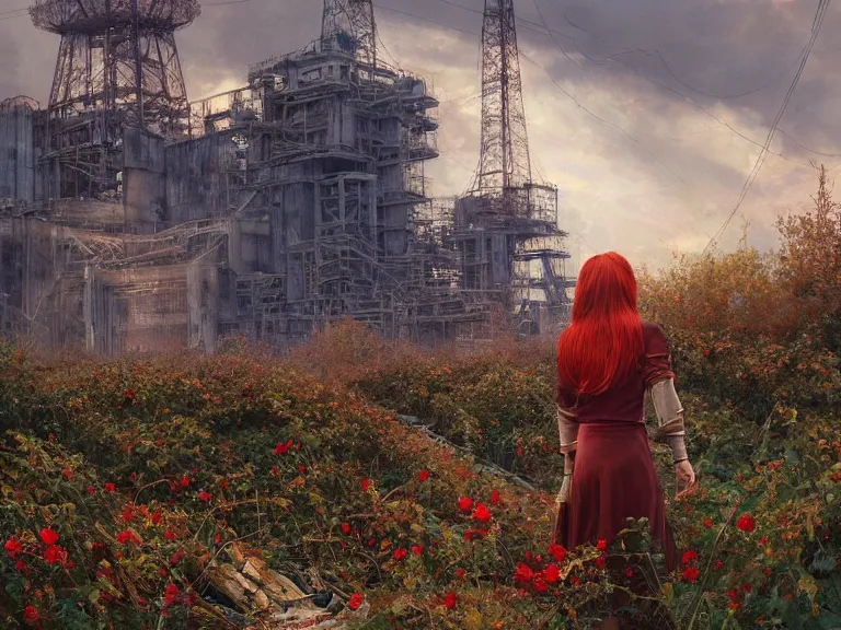 Image similar to red hair girl, chernobyl powerplant!!!, rubble!, ruins!!, flowers, vines, hyperrealistic, highly detailed, cinematic, single ray of golden sunlight, beautiful, cgssociety, artstation, 8 k, oil painting by greg rutkowski, by artgerm, by wlop