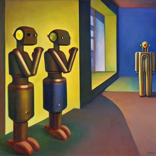 Prompt: robot overlords, grant wood, pj crook, edward hopper, oil on canvas