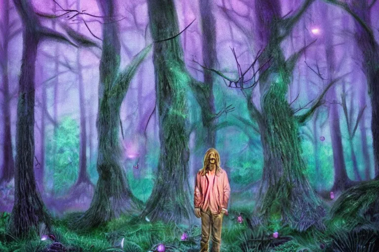 Image similar to Kurt Cobain stands in ancient magical forest, tall purple and pink trees, moonlit, winding path lined with bioluminescent mushrooms, fireflies, pale blue fog, mysterious, eyes in the trees, cinematic lighting, photorealism