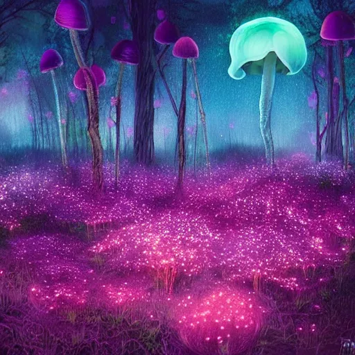 Image similar to field of luminescent pink and blue mycena fungi, emitting spore clouds, midnight, moonlight, fantasy art, mysterious, magical, hyperrealistic, detailed, soft lighting, fireflies