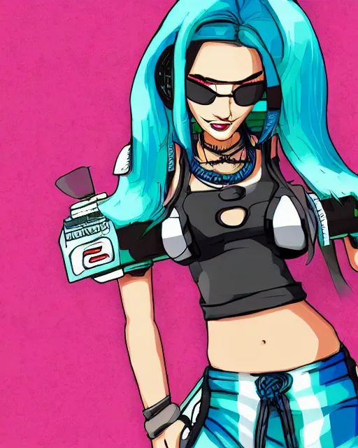 Image similar to cel shaded art of a pretty blue haired girl, jet grind radio graphics, cyberpunk city street background