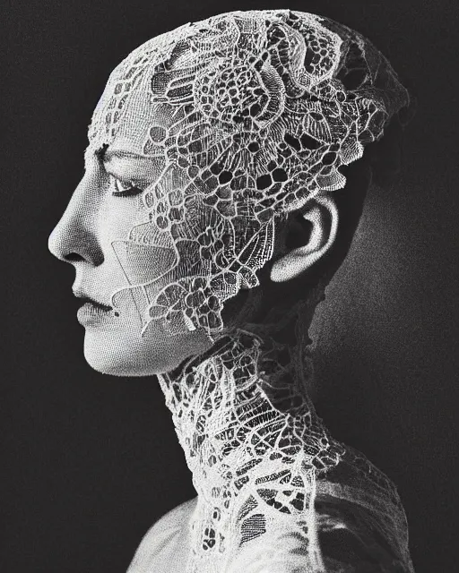 Image similar to a woman's face in profile, made of intricate lace skeleton, in the style of the dutch masters and gregory crewdson, dark and moody