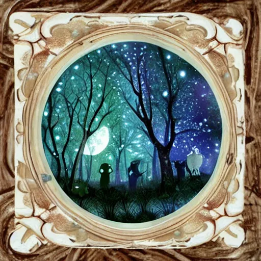 Prompt: a serene forest of faeries, beautiful double moon in the night sky