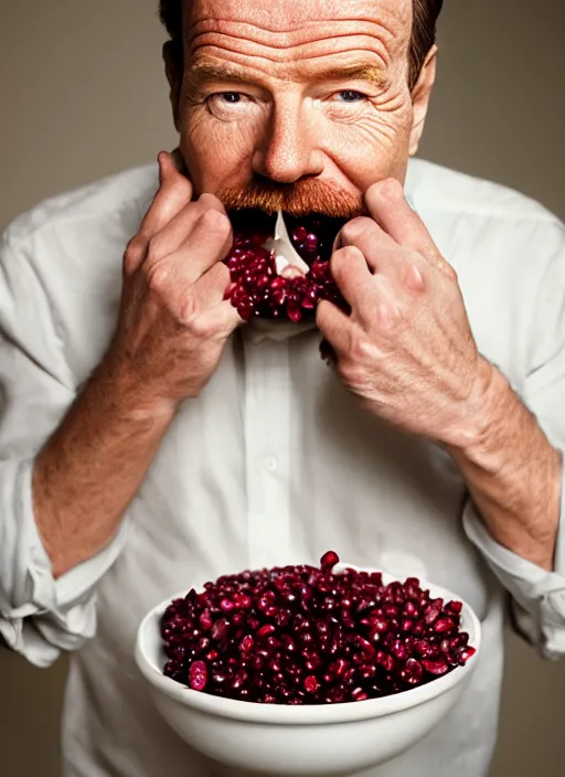 Image similar to bryan cranston bulging cheeks eating cranberries, open mouth spilling cranberries, hamster cheeks, studio light, bloom, detailed face, magazine, press, photo, steve mccurry, david lazar, canon, nikon, focus