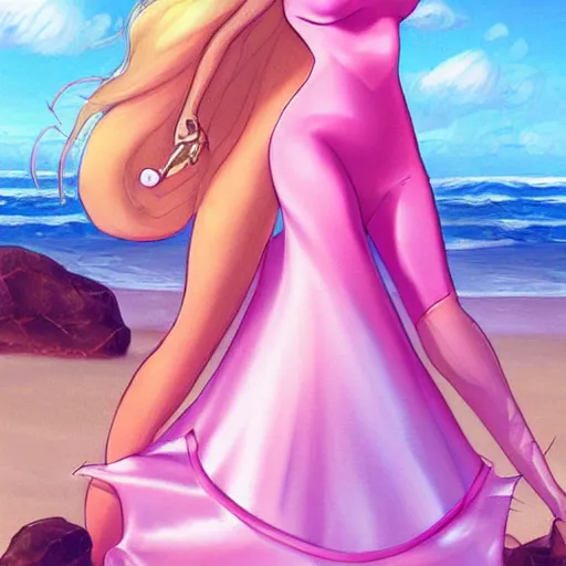 Prompt: beautiful princess peach in a skintight pink satin prom dress on the beach drawn by artgerm