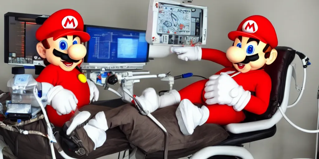 Image similar to anthropomorphic mario as an anesthesiologist, sitting in chair, ventilator machine, photo