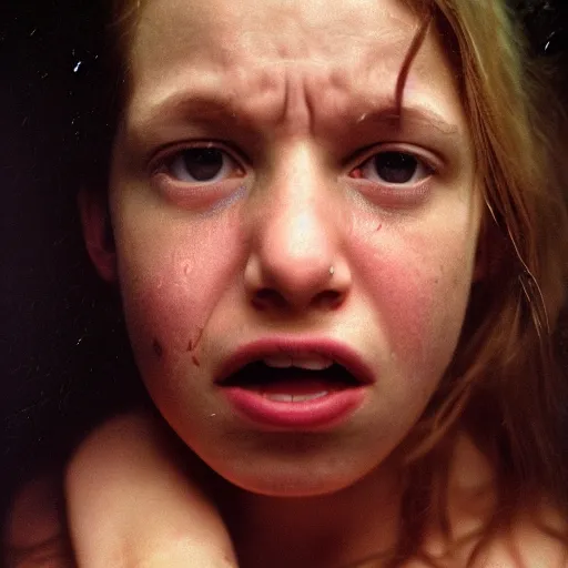 Image similar to a candid extreme closeup portrait of an expressive face of a terrified young woman by annie leibovitz