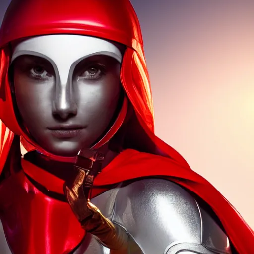 Image similar to headshot of an beautiful female soldier in glossy sleek white armor with tiny red details and a long red cape, downward angle, determined expression, on the surface of mars, night time, dramatic lighting, cinematic, sci-fi, hyperrealistic