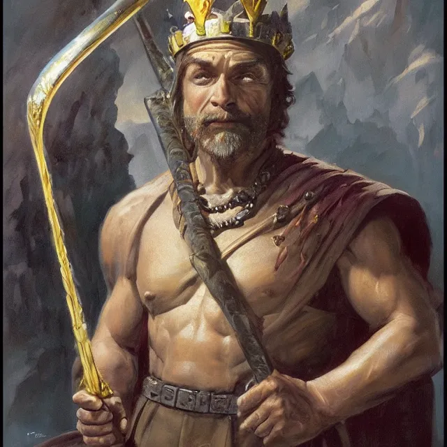 Prompt: an aesthetic! a detailed portrait of a man with a crown, holding a scepter by frank frazetta oil on canvas, dungeons and dragons art, hd, god - rays, ray - tracing, crisp contour - lines, huhd