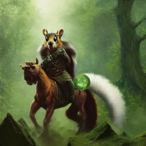 Prompt: oil painting of Anthropomorphized Squirrel warrior riding on Badger, wearing green cloak, wearing war paint, sharp focus, fantasy style, octane render, volumetric lighting, 8k high definition, by greg rutkowski, highly detailed, trending on art Station, magic the gathering artwork, magical forest backround, centered