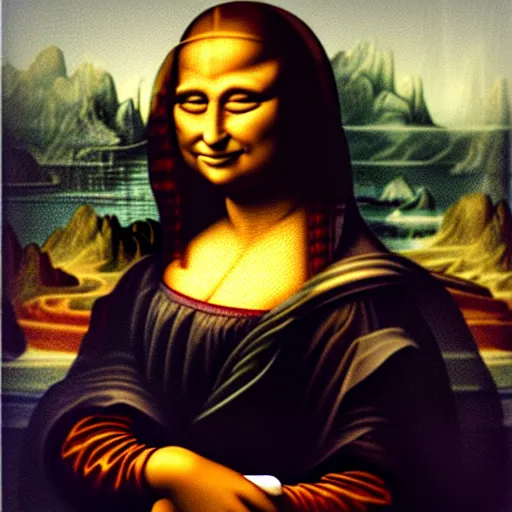 Image similar to chad muscled man big smile mona lisa style