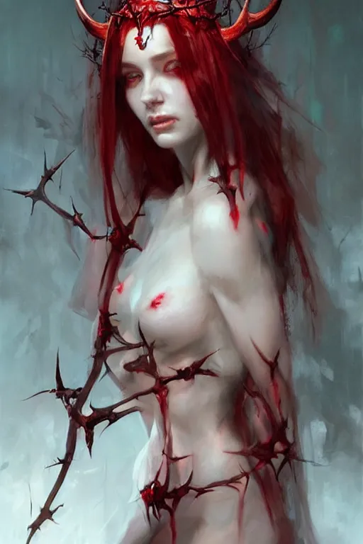 Image similar to Portrait of beautiful pale succubus maiden with crown of thorns, and devil's horns, red lighting, digital art by Ruan Jia and Mandy Jurgens and Artgerm, highly detailed, trending on artstation, award winning,