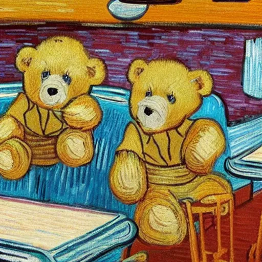 Prompt: teddy bears having a coffe break in a diner in the style of van gogh