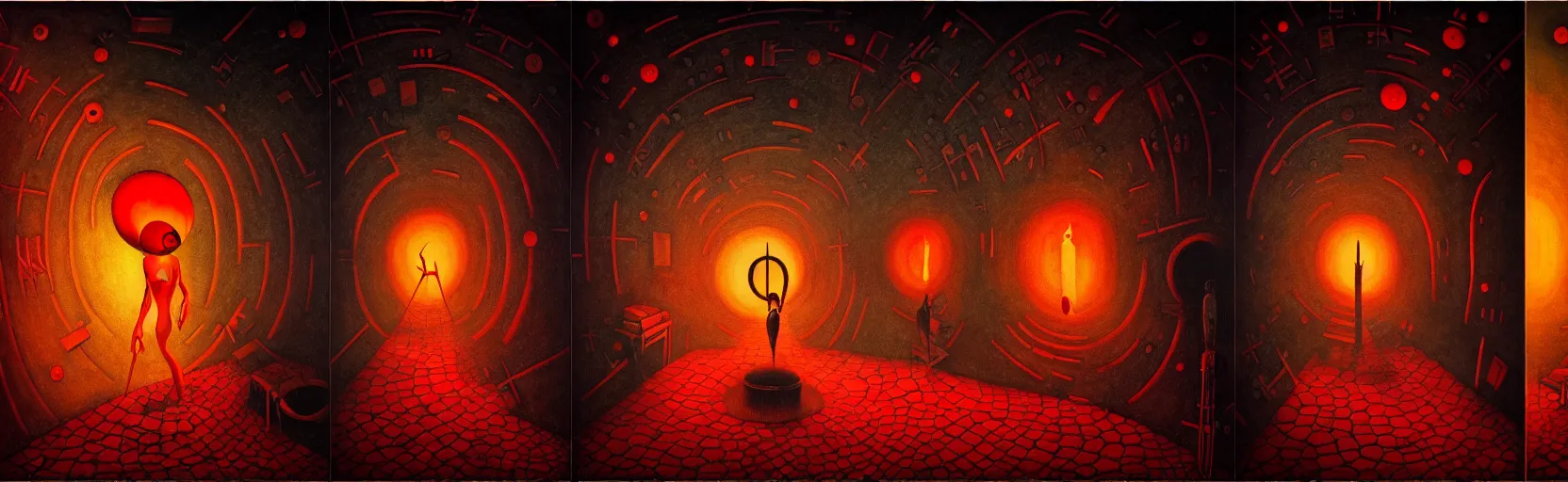 Image similar to hedonic treadmill, dark uncanny surreal painting by ronny khalil, shaun tan, and kandinsky, dramatic lighting from fire glow, mouth of hell, ixions wheel