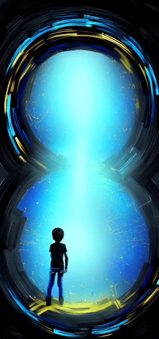 Image similar to The portal into his imagination. High concept art. Introspective. Blue black gold themed.