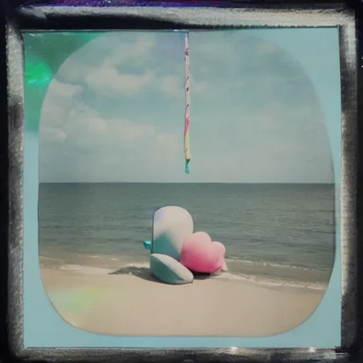 Image similar to a pastel colour high fidelity Polaroid art photo from a holiday album at a seaside with abstract inflatable parachute furniture, all objects made of transparent iridescent Perspex and metallic silver, no people, iridescence, nostalgic