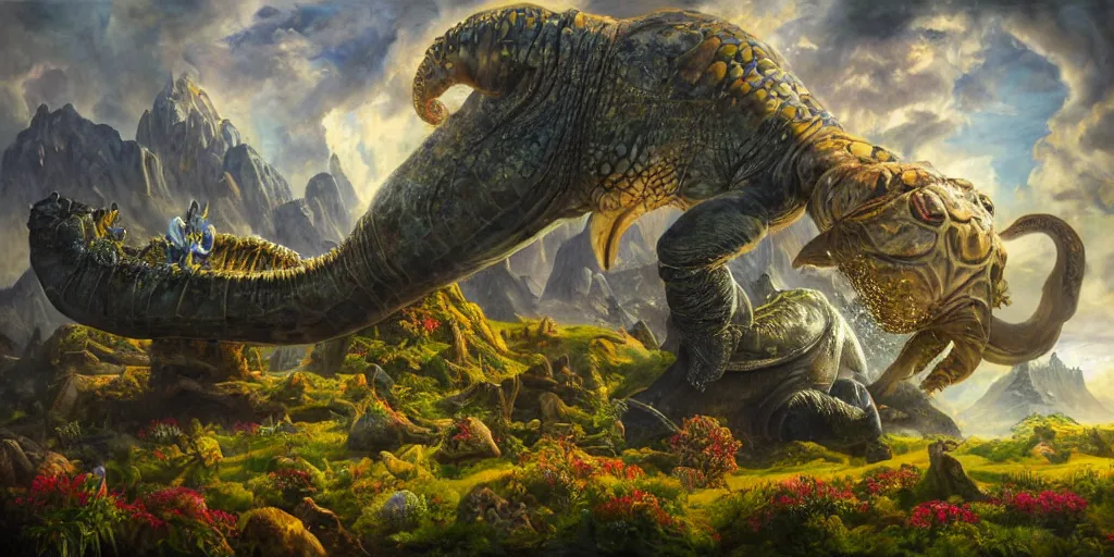 Image similar to fantasy oil painting, great leviathan, cybernetic turtle cephalopod terrapin reptilian pachyderm squid, bella hadid, hybrid, milla jovovich, anubis, epic natural light, lush plants flowers, spectacular mountains, bright clouds, luminous sky, outer worlds, golden hour, michael cheval, edward hopper, michael whelan, vray, hd