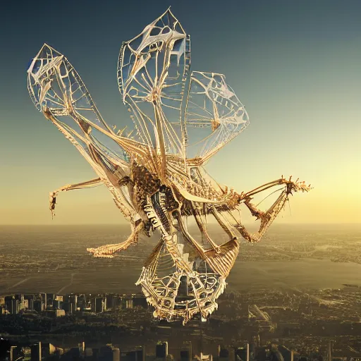 Image similar to a cel shaded rendering of an enormous biomechanical cyber strandbeest dragonfly in flight over a city. high key lighting. by theo jansen by alberto baisi