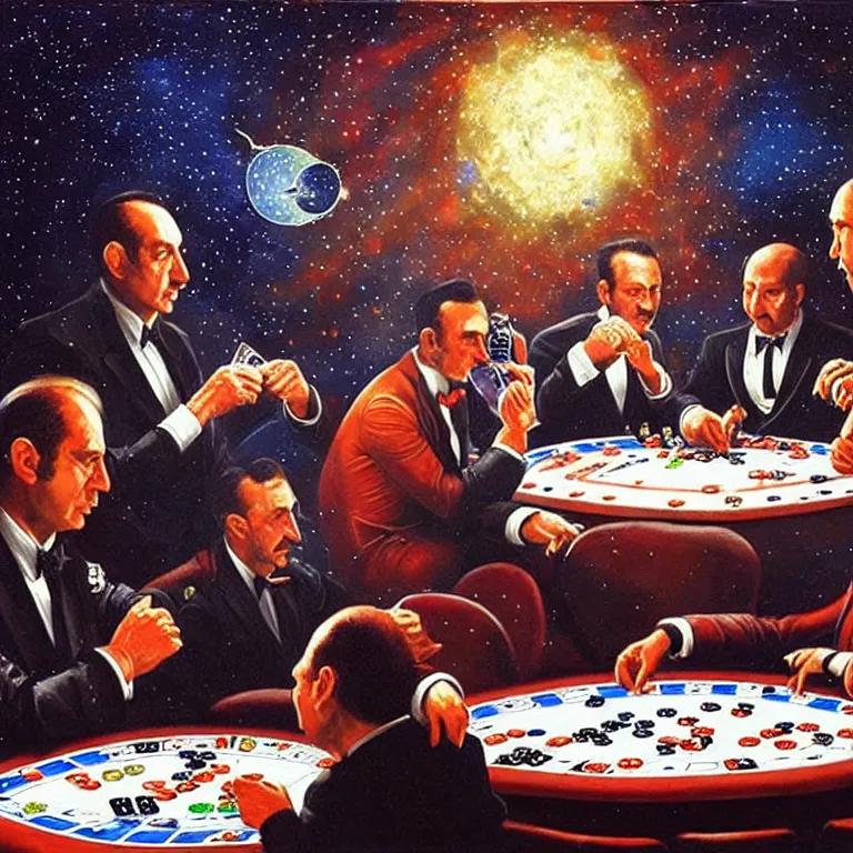 Prompt: Three mafiosi playing poker in open cosmos, star systems are visible in the background. Extremely high details, realistic, fantastic art, masterpiece, art by Alexei Leonov