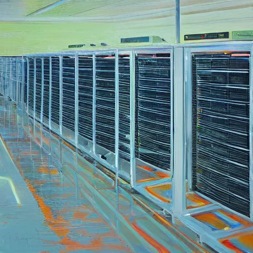 Image similar to a painting by Wayne Thiebaud of a high end GPU crypto farm, cooling, high specs, ethereal!!!!!!!, by Wayne Thiebaud, neon gradient, highly detailed GPU